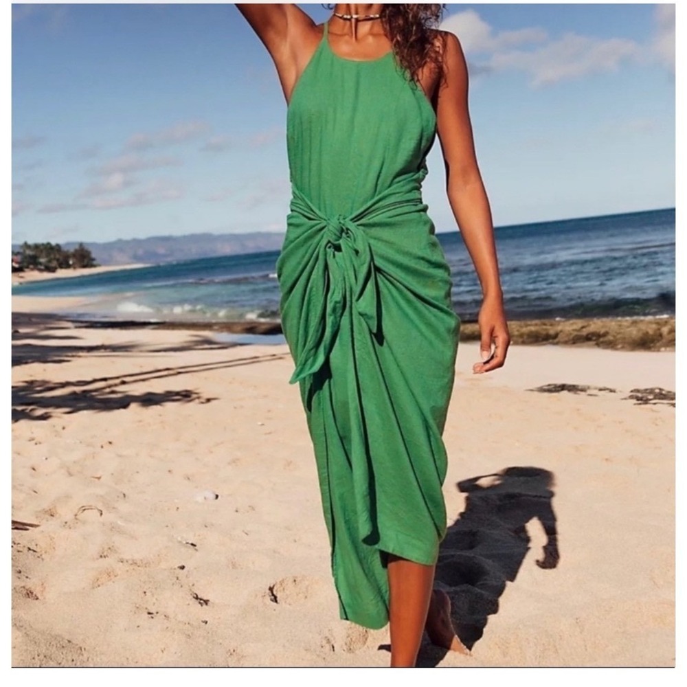 Free People Womens People call Me‎ Green Midi Wrap Dress Size XS Boho Coastal